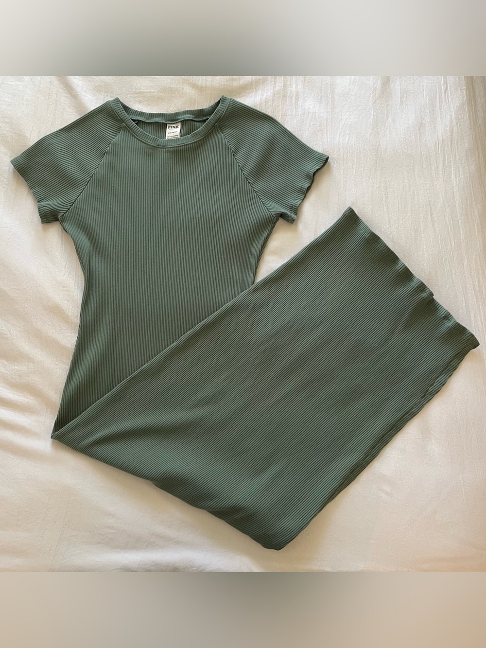 PINK Victoria's Secret Olive Green Ribbed Short-Sleeve dress size L/G